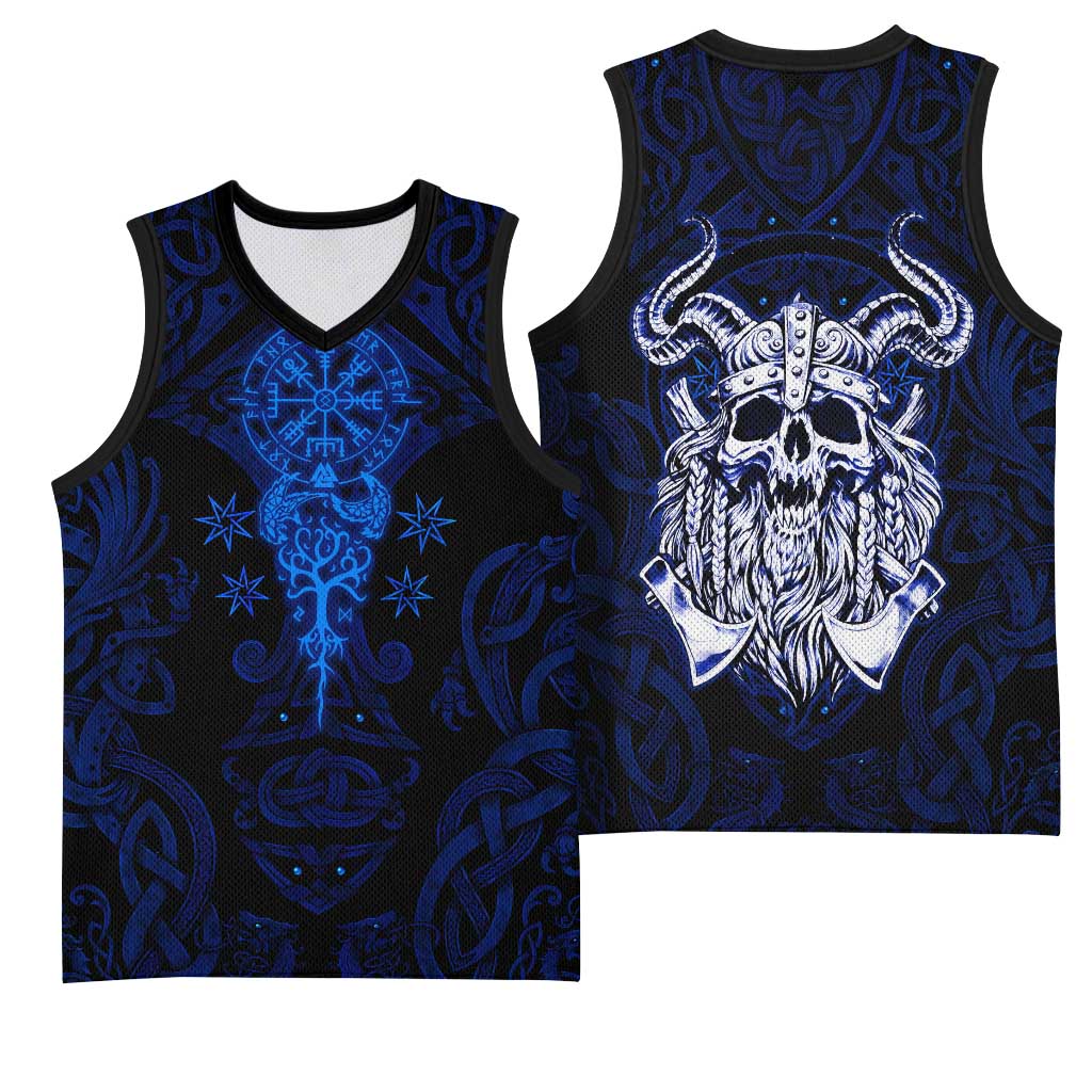 Vikings Skull Basketball Jersey with Horned Helmet, Blue Axes and Runes Norse Warrior Tribute - Wonder Print Shop