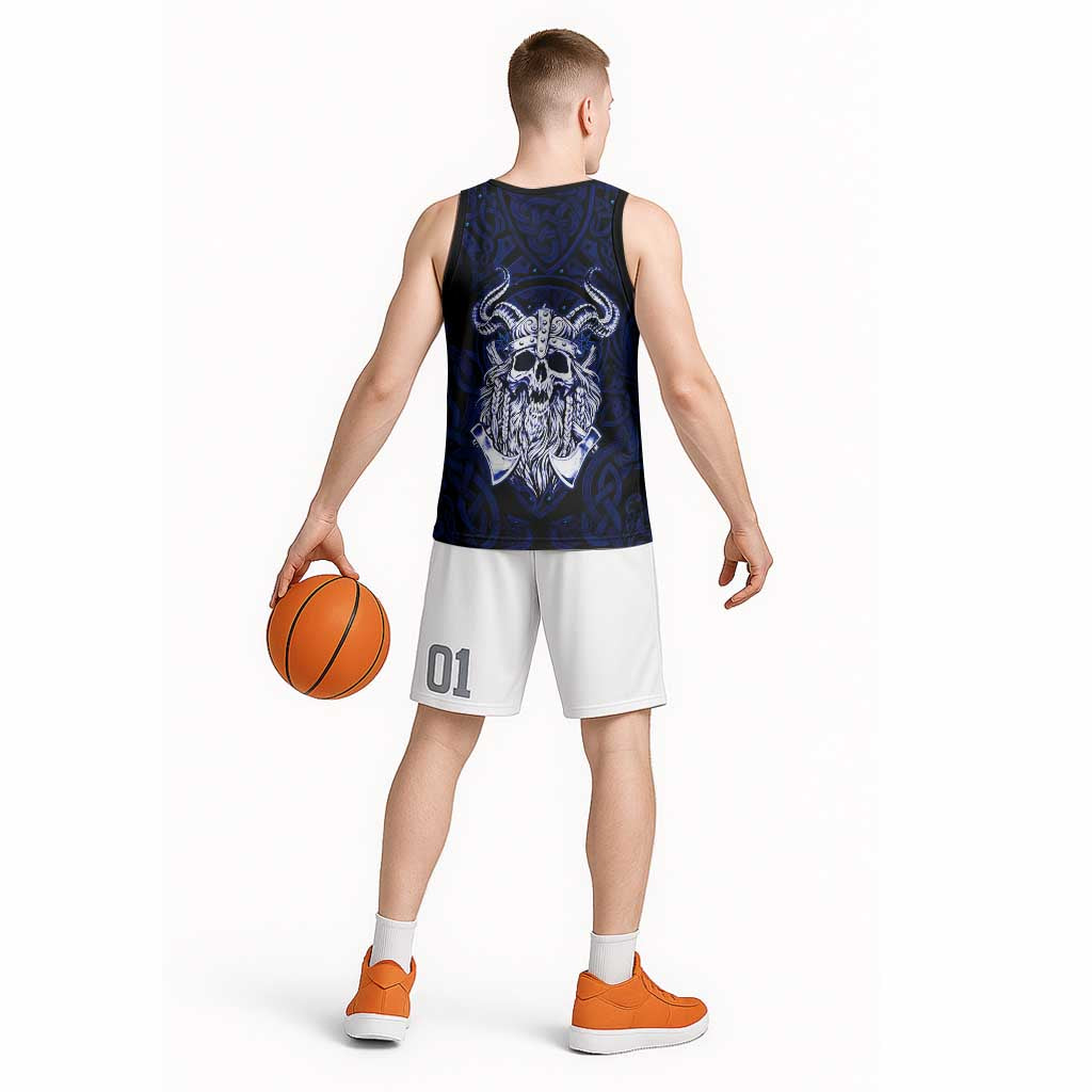 Vikings Skull Basketball Jersey with Horned Helmet, Blue Axes and Runes Norse Warrior Tribute - Wonder Print Shop