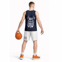 Vikings Skull Basketball Jersey with Horned Helmet, Blue Axes and Runes Norse Warrior Tribute - Wonder Print Shop