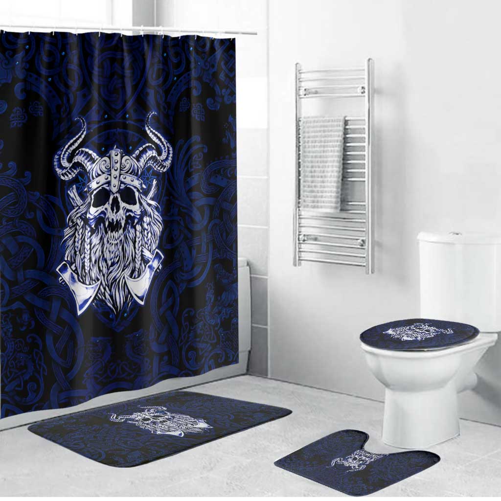 Vikings Skull Bathroom Set with Horned Helmet, Blue Axes and Runes Norse Warrior Tribute - Wonder Print Shop