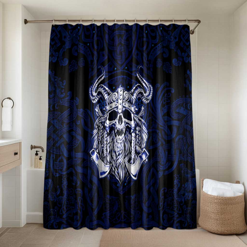 Vikings Skull Bathroom Set with Horned Helmet, Blue Axes and Runes Norse Warrior Tribute - Wonder Print Shop