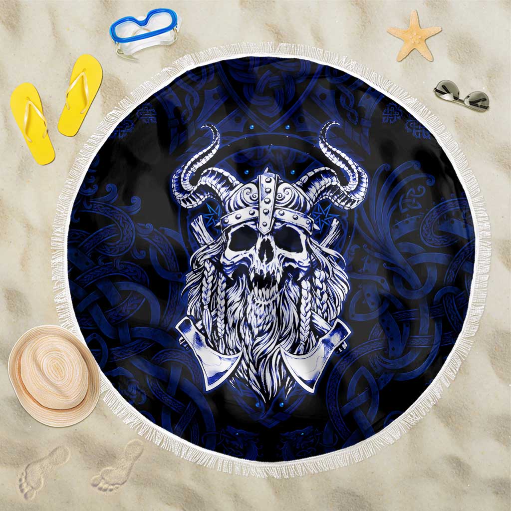 Vikings Skull Beach Blanket with Horned Helmet, Blue Axes and Runes Norse Warrior Tribute - Wonder Print Shop