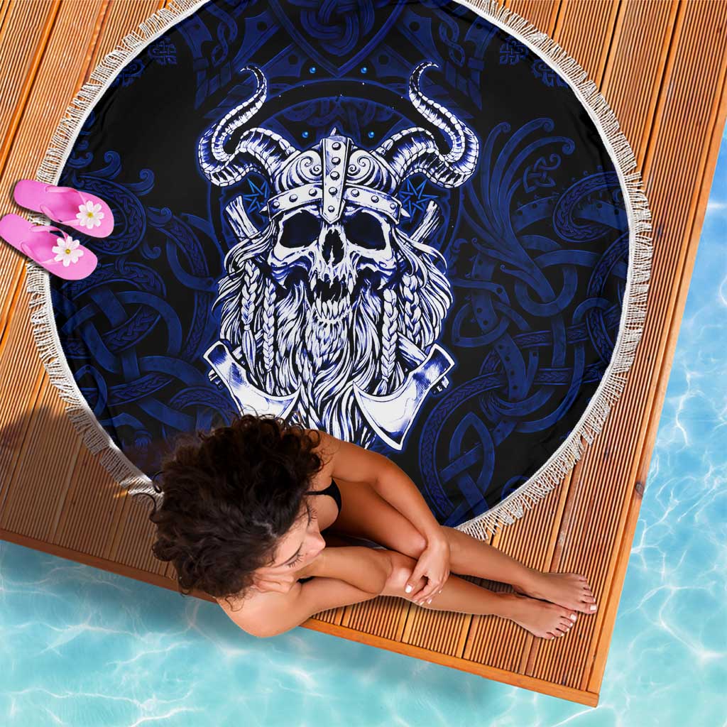 Vikings Skull Beach Blanket with Horned Helmet, Blue Axes and Runes Norse Warrior Tribute - Wonder Print Shop