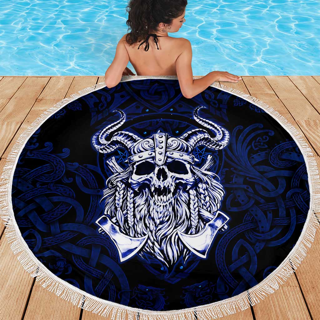 Vikings Skull Beach Blanket with Horned Helmet, Blue Axes and Runes Norse Warrior Tribute - Wonder Print Shop