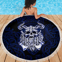 Vikings Skull Beach Blanket with Horned Helmet, Blue Axes and Runes Norse Warrior Tribute - Wonder Print Shop