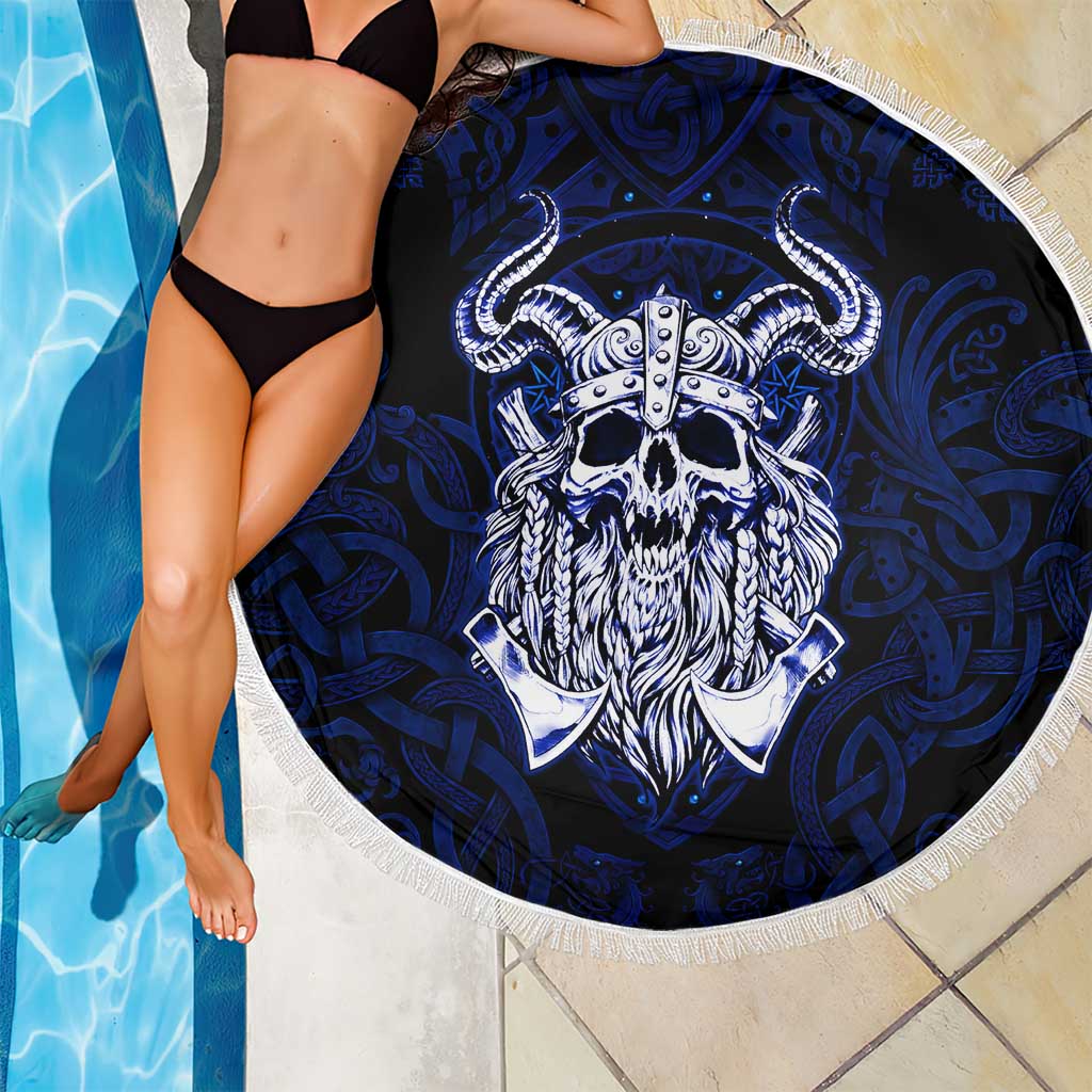 Vikings Skull Beach Blanket with Horned Helmet, Blue Axes and Runes Norse Warrior Tribute - Wonder Print Shop