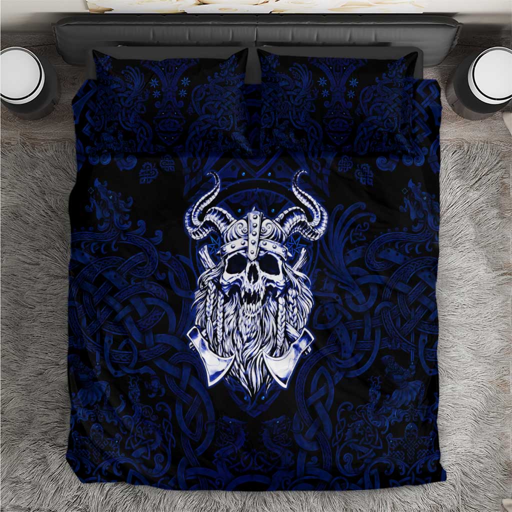 Vikings Skull Bedding Set with Horned Helmet, Blue Axes and Runes Norse Warrior Tribute - Wonder Print Shop