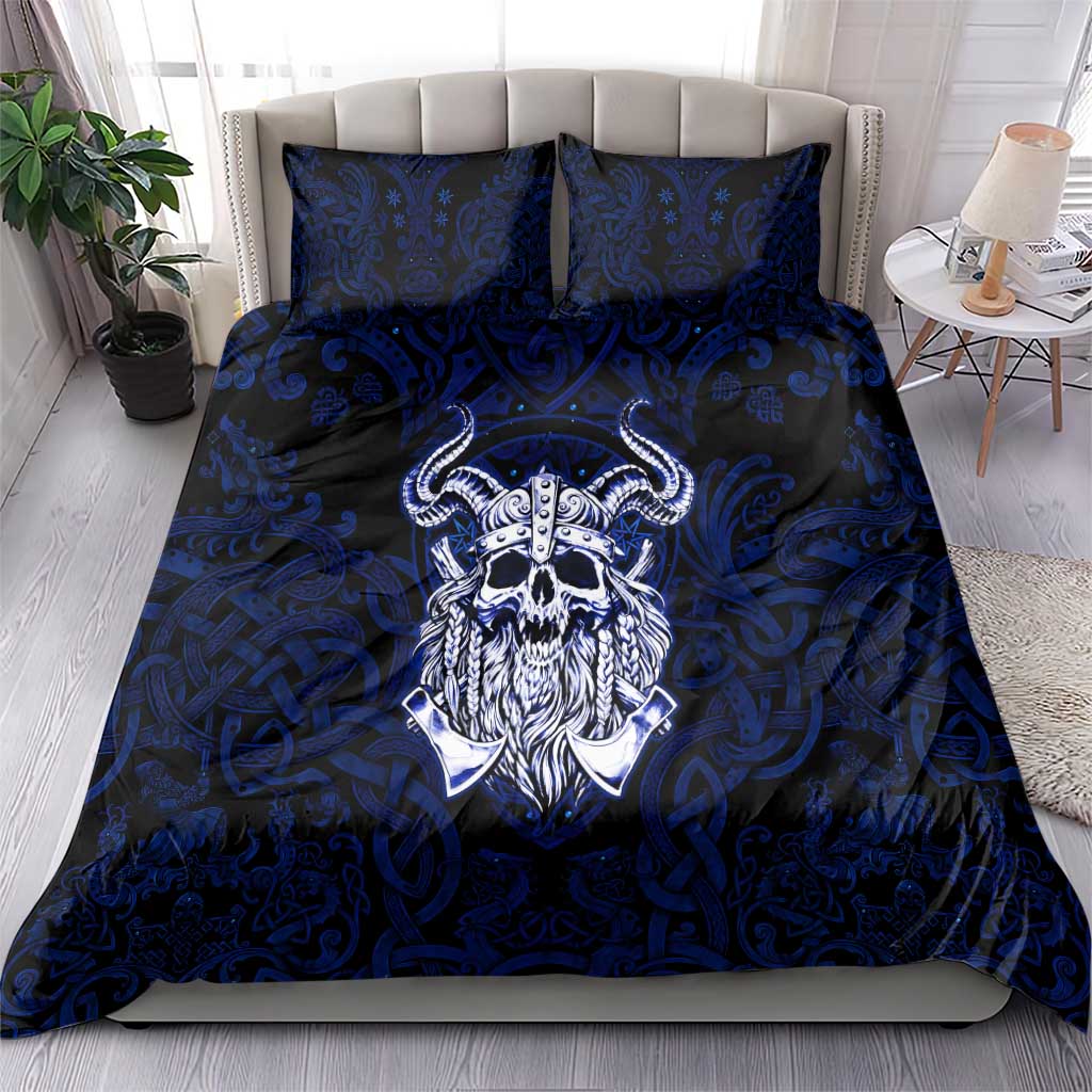 Vikings Skull Bedding Set with Horned Helmet, Blue Axes and Runes Norse Warrior Tribute - Wonder Print Shop