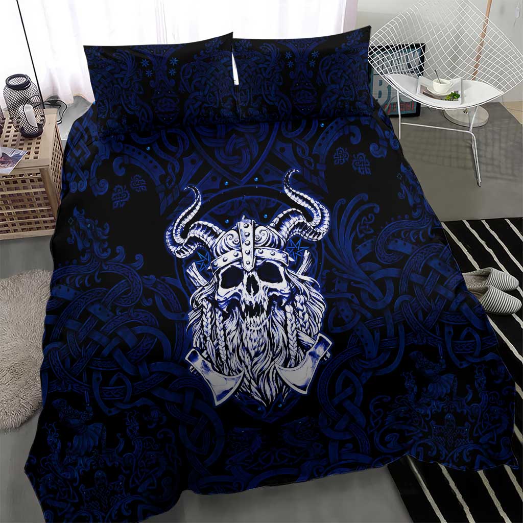Vikings Skull Bedding Set with Horned Helmet, Blue Axes and Runes Norse Warrior Tribute - Wonder Print Shop
