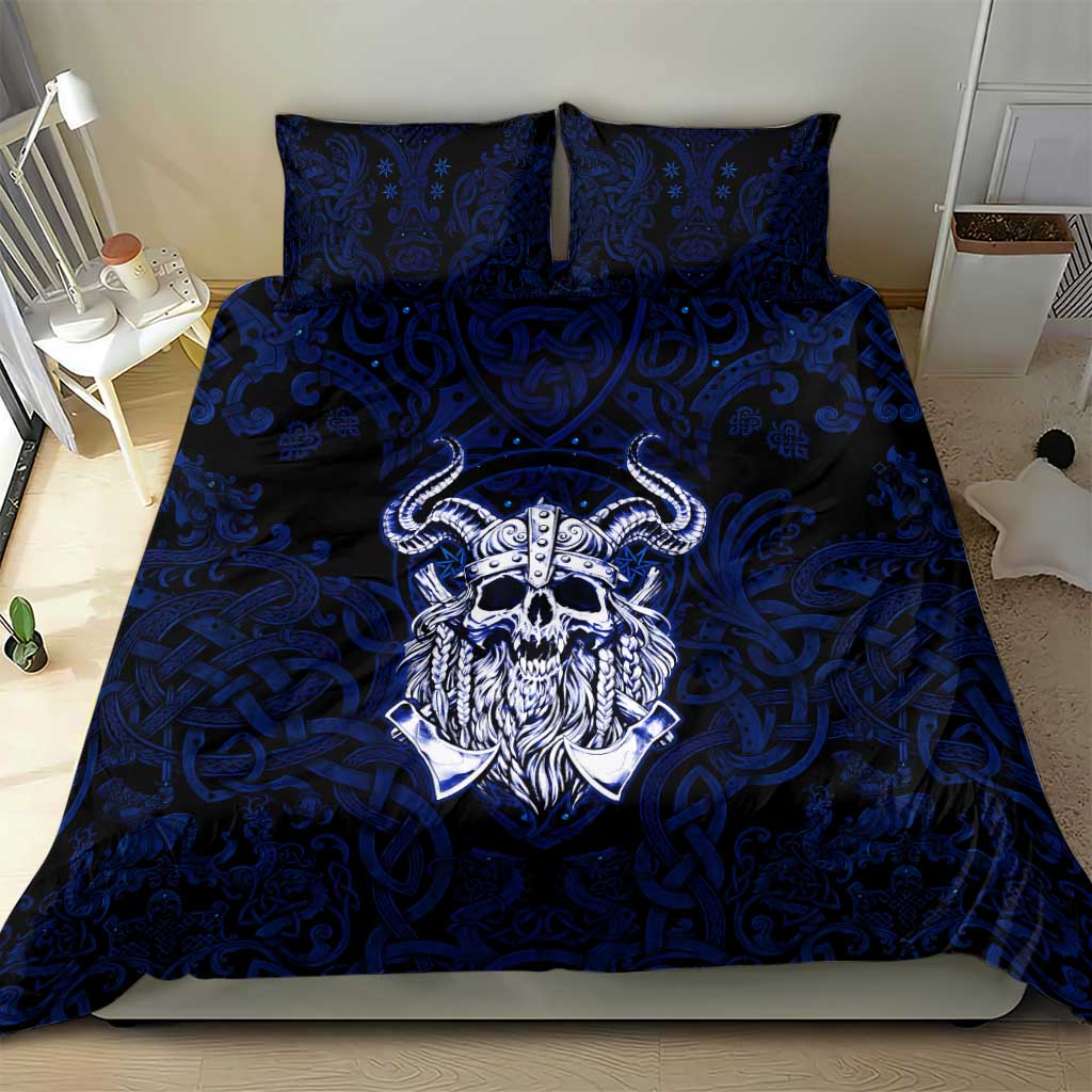 Vikings Skull Bedding Set with Horned Helmet, Blue Axes and Runes Norse Warrior Tribute - Wonder Print Shop