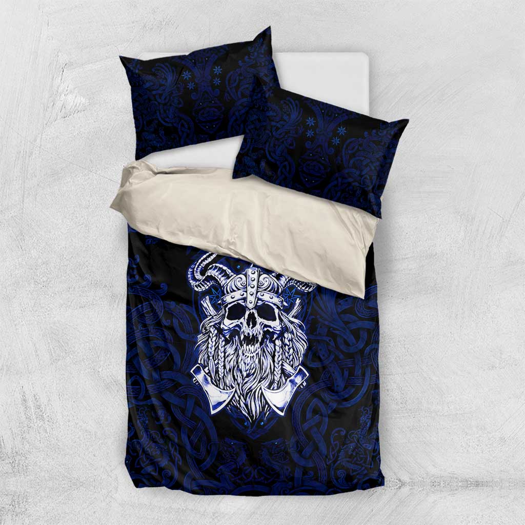 Vikings Skull Bedding Set with Horned Helmet, Blue Axes and Runes Norse Warrior Tribute - Wonder Print Shop