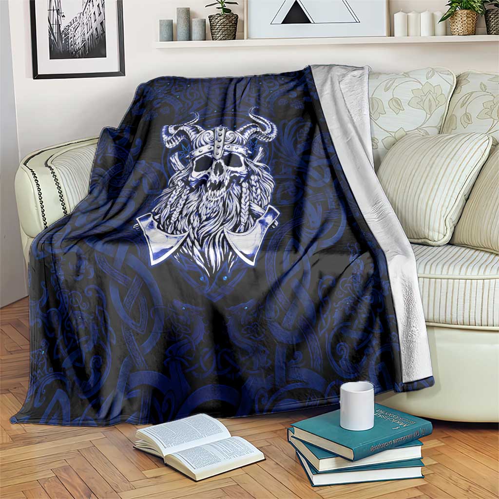 Vikings Skull Blanket with Horned Helmet, Blue Axes and Runes Norse Warrior Tribute - Wonder Print Shop