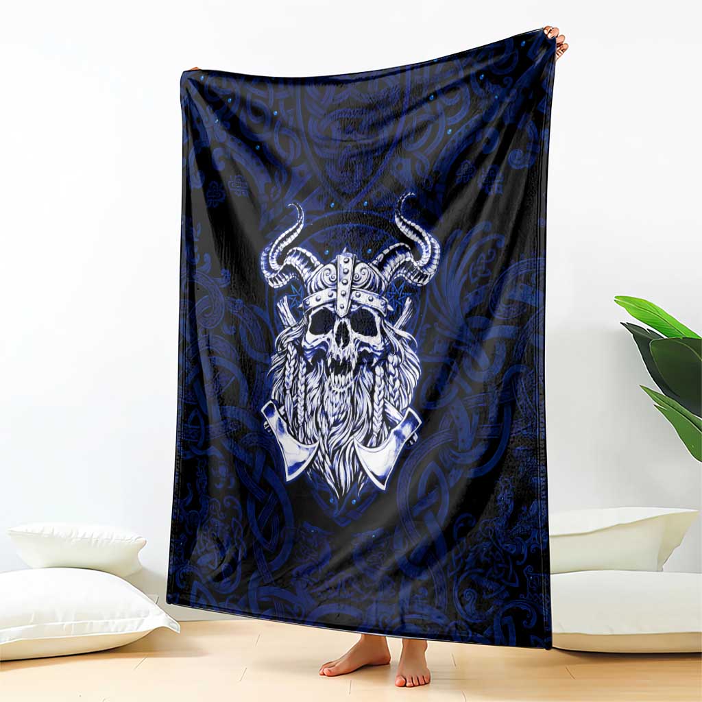 Vikings Skull Blanket with Horned Helmet, Blue Axes and Runes Norse Warrior Tribute - Wonder Print Shop
