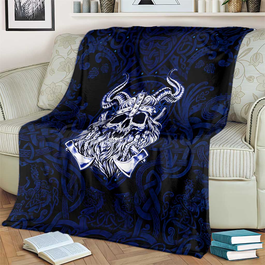 Vikings Skull Blanket with Horned Helmet, Blue Axes and Runes Norse Warrior Tribute - Wonder Print Shop