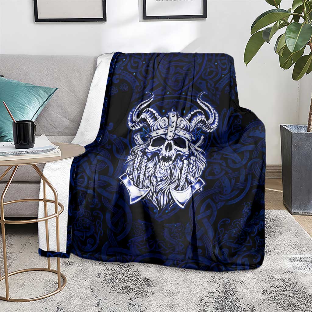 Vikings Skull Blanket with Horned Helmet, Blue Axes and Runes Norse Warrior Tribute - Wonder Print Shop