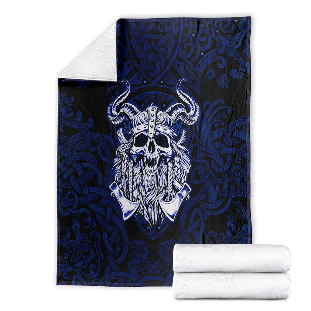 Vikings Skull Blanket with Horned Helmet, Blue Axes and Runes Norse Warrior Tribute - Wonder Print Shop