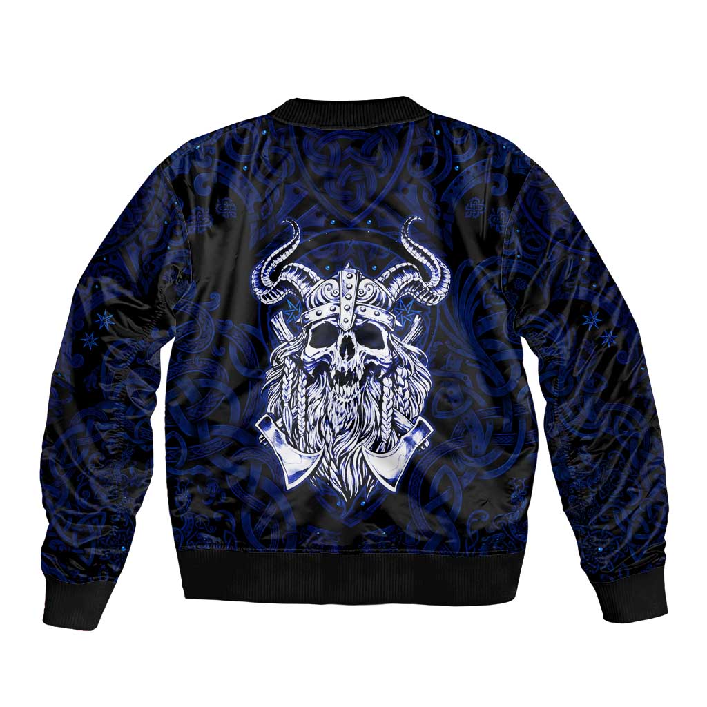 Vikings Skull Bomber Jacket with Horned Helmet, Blue Axes and Runes Norse Warrior Tribute - Wonder Print Shop