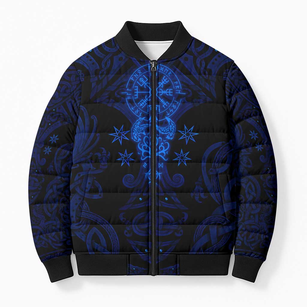 Vikings Skull Bomber Puffer Jacket with Horned Helmet, Blue Axes and Runes Norse Warrior Tribute - Wonder Print Shop