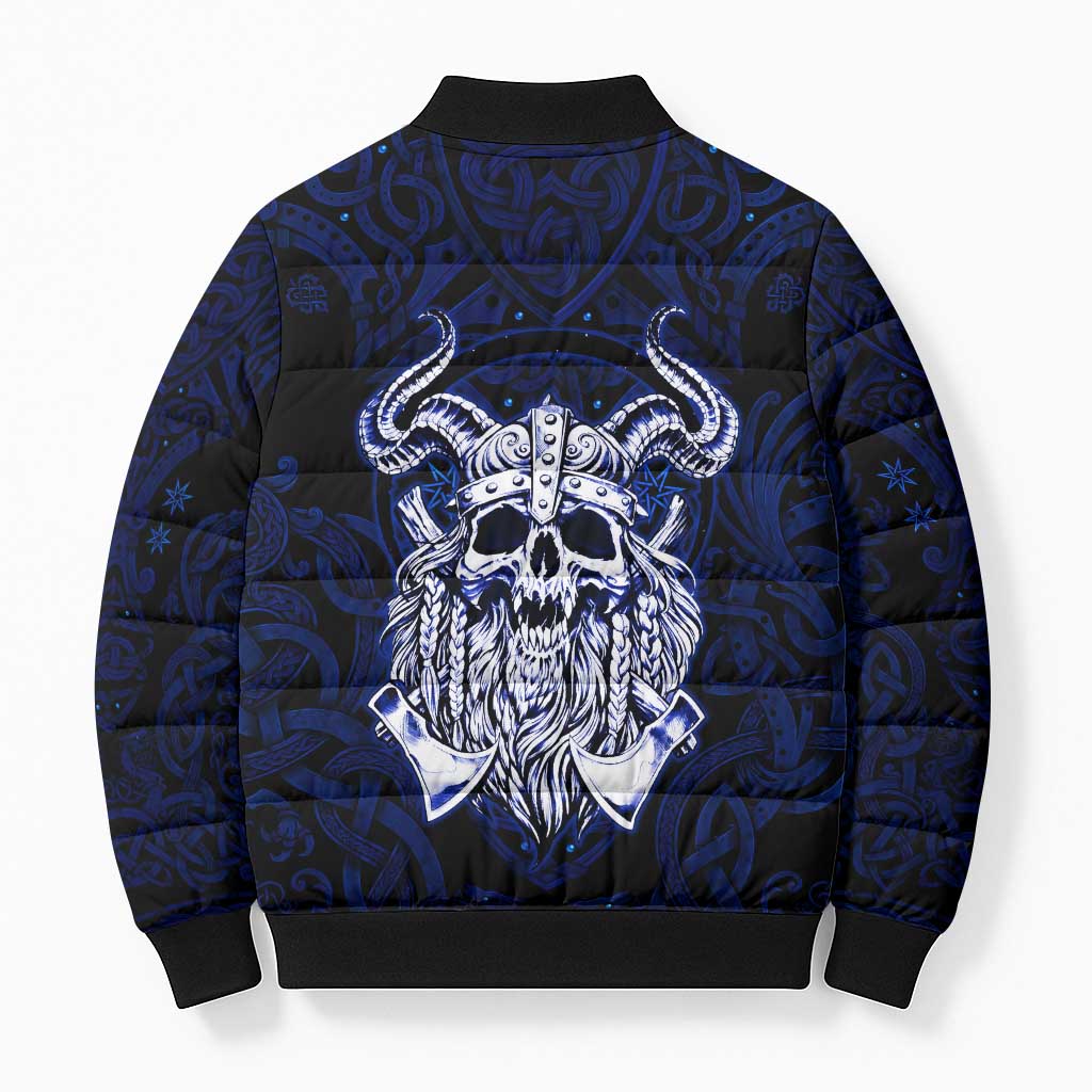 Vikings Skull Bomber Puffer Jacket with Horned Helmet, Blue Axes and Runes Norse Warrior Tribute - Wonder Print Shop