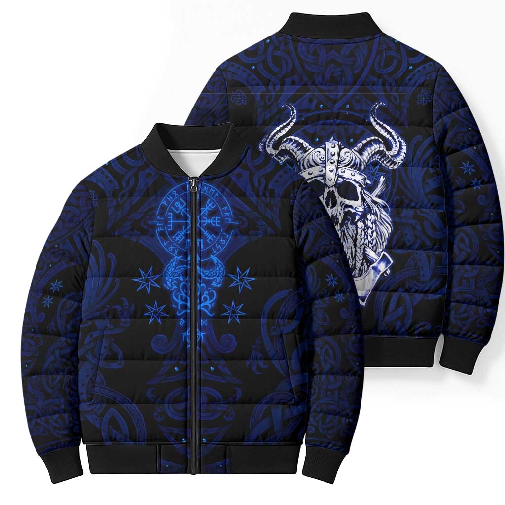Vikings Skull Bomber Puffer Jacket with Horned Helmet, Blue Axes and Runes Norse Warrior Tribute - Wonder Print Shop