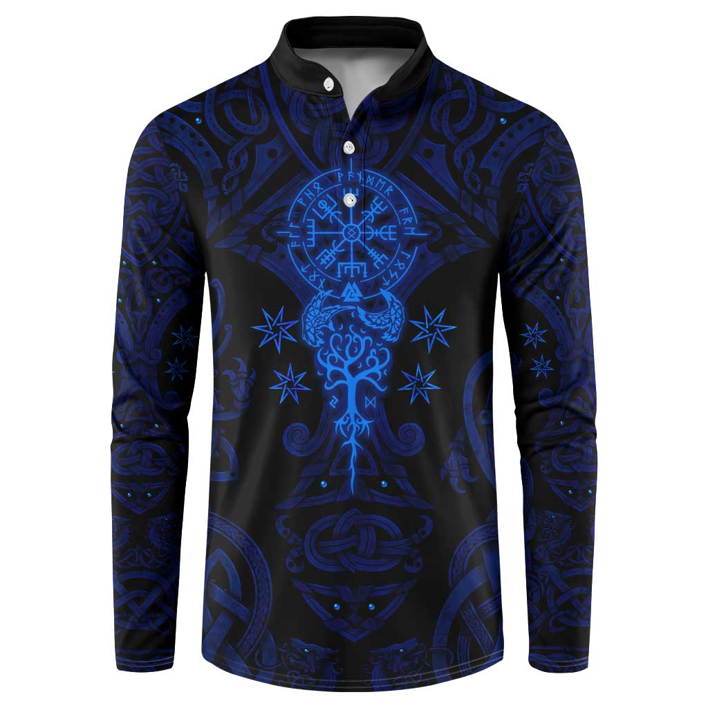 Vikings Skull Button Sweatshirt with Horned Helmet, Blue Axes and Runes Norse Warrior Tribute - Wonder Print Shop