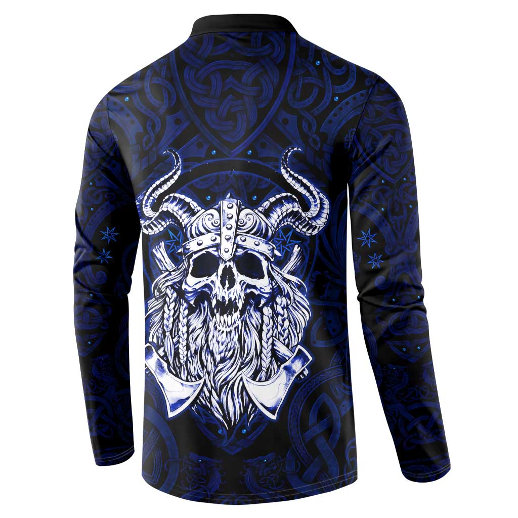 Vikings Skull Button Sweatshirt with Horned Helmet, Blue Axes and Runes Norse Warrior Tribute - Wonder Print Shop