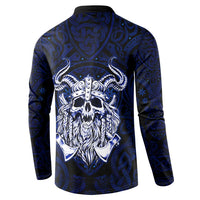 Vikings Skull Button Sweatshirt with Horned Helmet, Blue Axes and Runes Norse Warrior Tribute - Wonder Print Shop