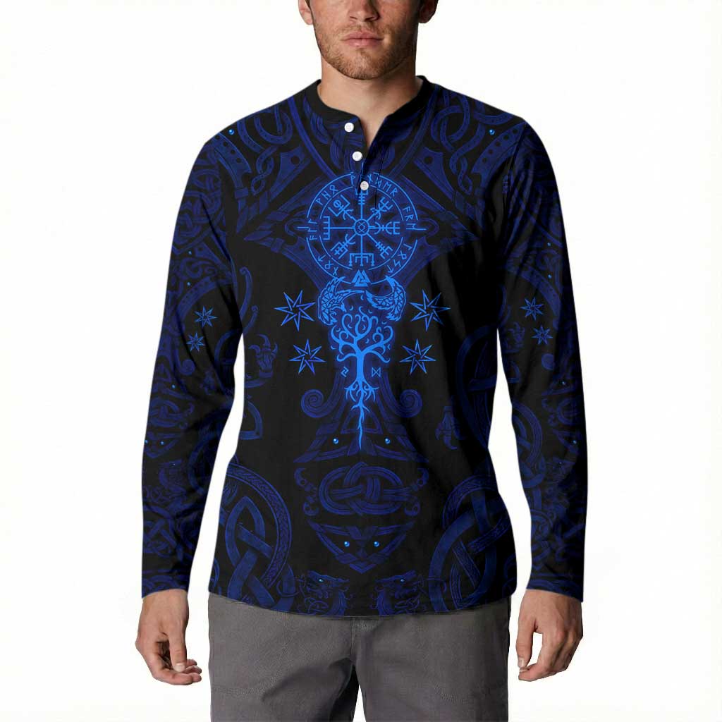 Vikings Skull Button Sweatshirt with Horned Helmet, Blue Axes and Runes Norse Warrior Tribute - Wonder Print Shop