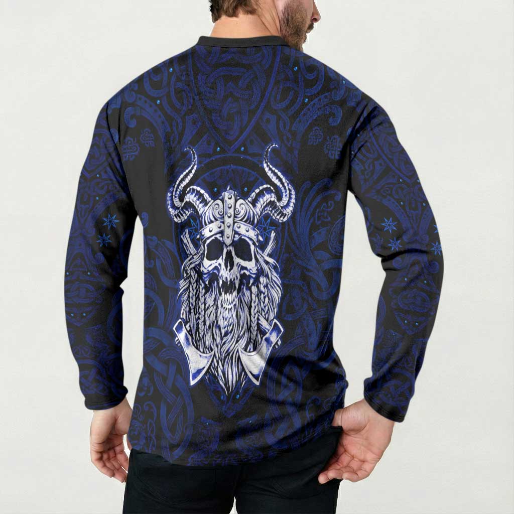 Vikings Skull Button Sweatshirt with Horned Helmet, Blue Axes and Runes Norse Warrior Tribute - Wonder Print Shop