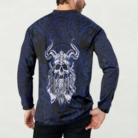 Vikings Skull Button Sweatshirt with Horned Helmet, Blue Axes and Runes Norse Warrior Tribute - Wonder Print Shop