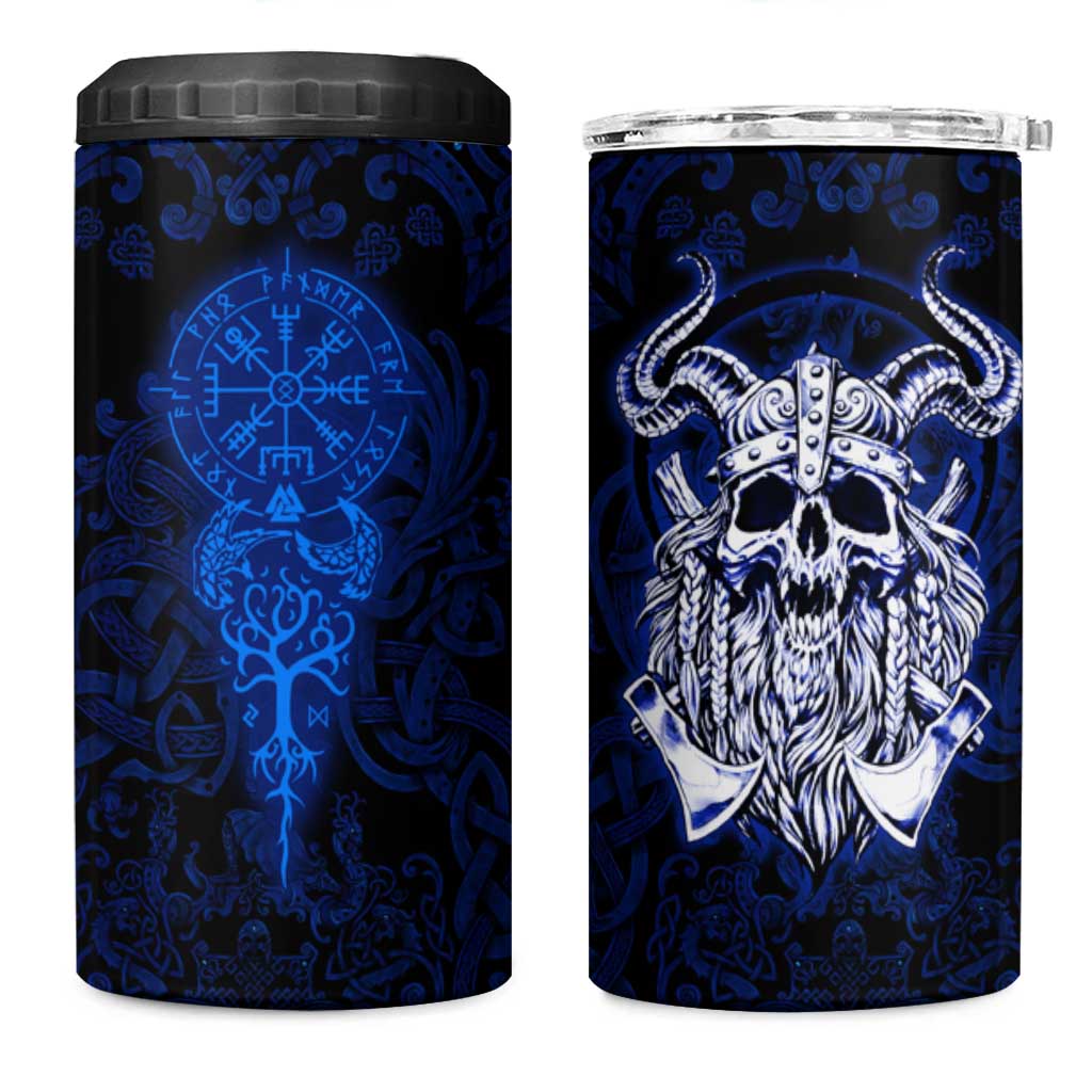 Vikings Skull 4 in 1 Can Cooler Tumbler with Horned Helmet, Blue Axes and Runes Norse Warrior Tribute - Wonder Print Shop