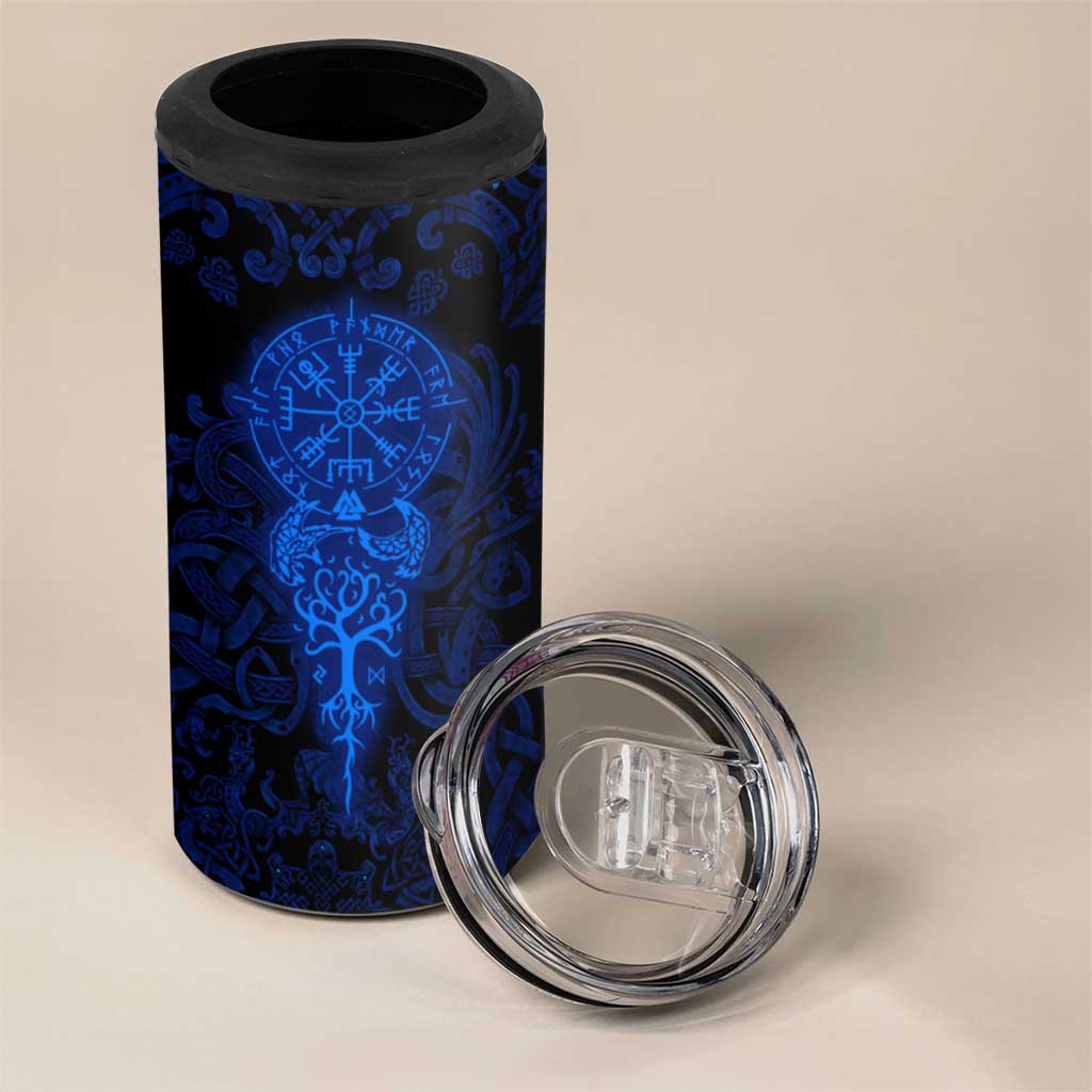 Vikings Skull 4 in 1 Can Cooler Tumbler with Horned Helmet, Blue Axes and Runes Norse Warrior Tribute - Wonder Print Shop