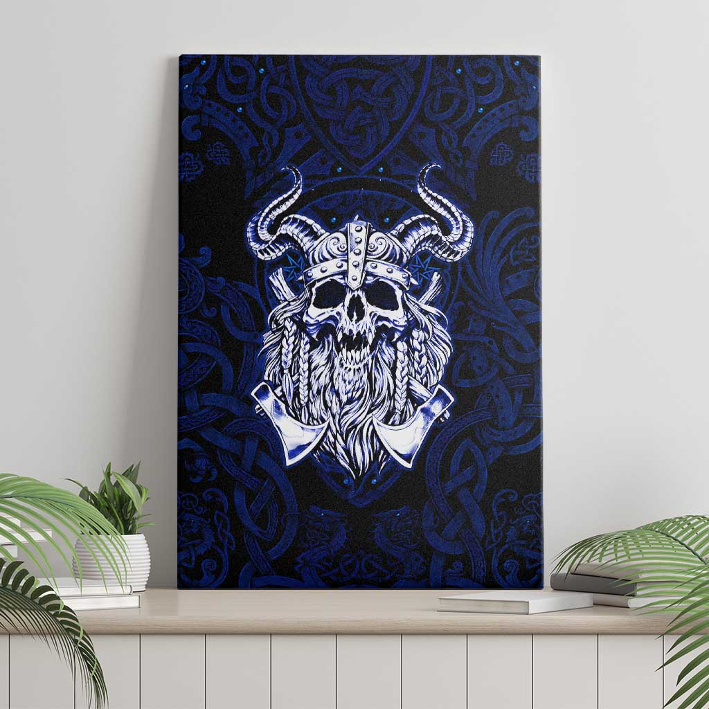 Vikings Skull Canvas Wall Art with Horned Helmet, Blue Axes and Runes Norse Warrior Tribute - undefined