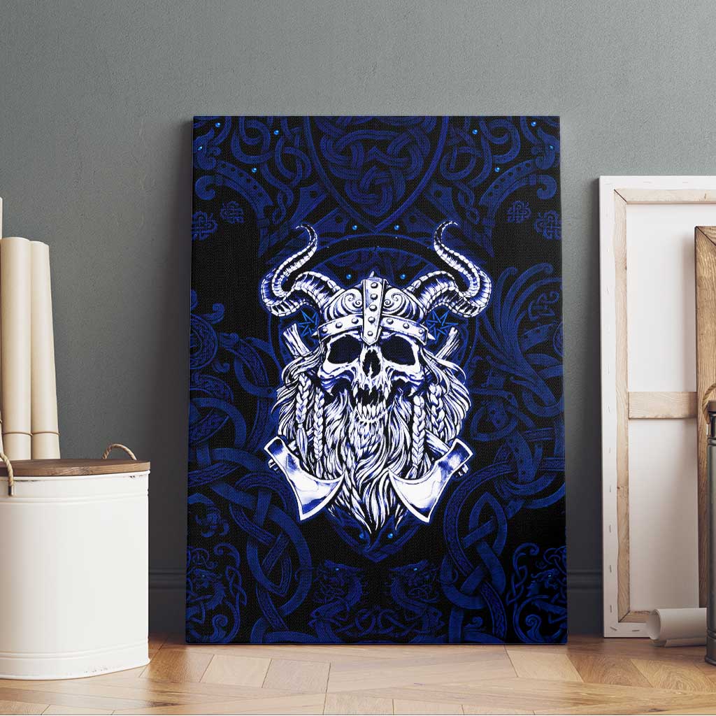 Vikings Skull Canvas Wall Art with Horned Helmet, Blue Axes and Runes Norse Warrior Tribute - undefined
