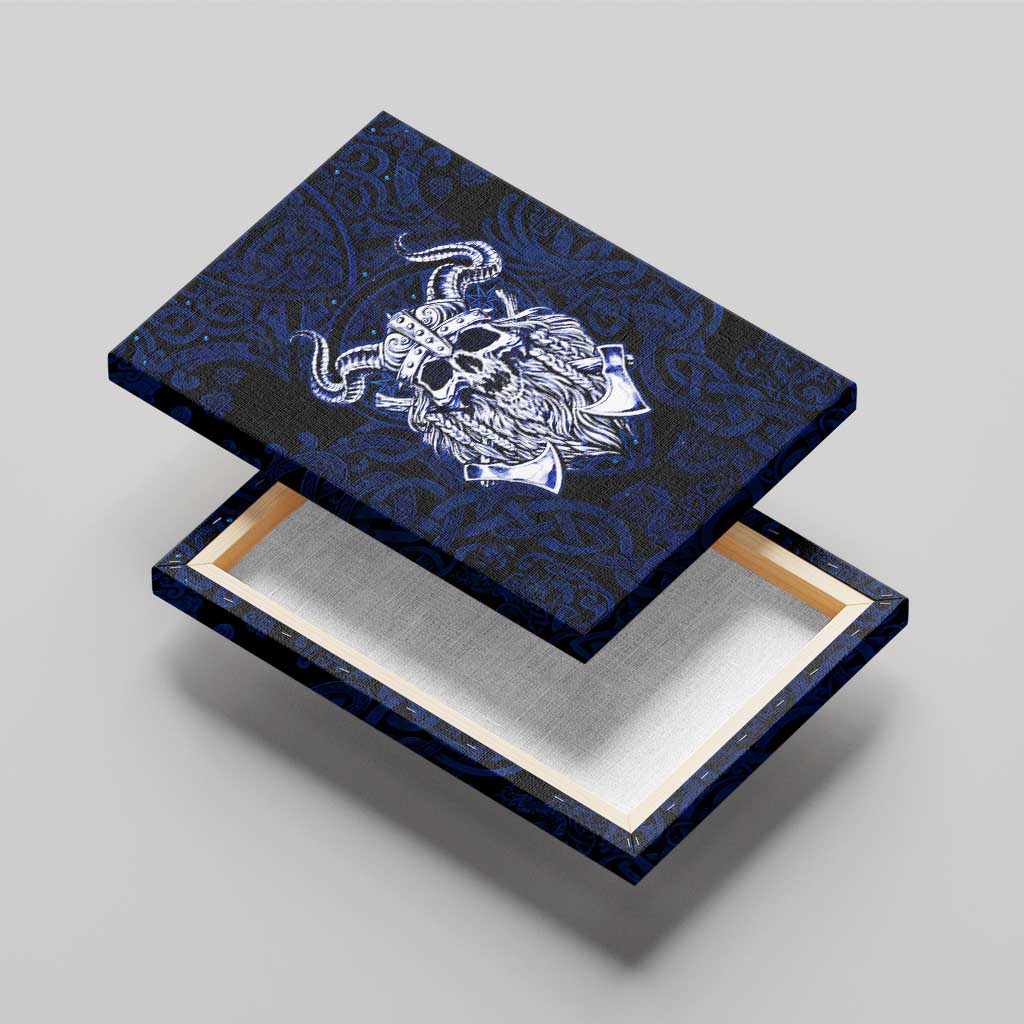 Vikings Skull Canvas Wall Art with Horned Helmet, Blue Axes and Runes Norse Warrior Tribute - undefined