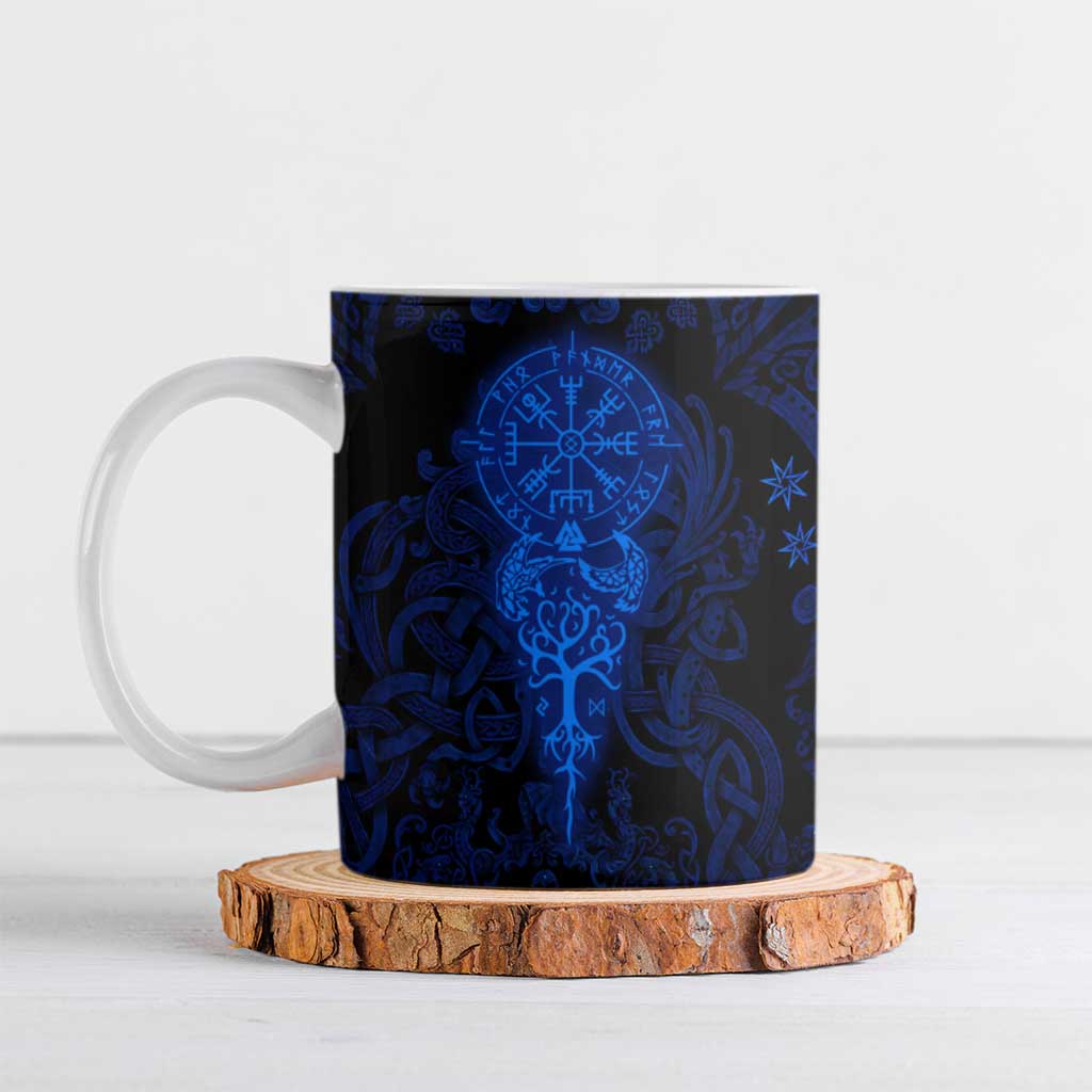 Vikings Skull Ceramic Mug with Horned Helmet, Blue Axes and Runes Norse Warrior Tribute - Wonder Print Shop