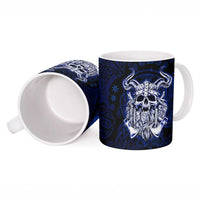 Vikings Skull Ceramic Mug with Horned Helmet, Blue Axes and Runes Norse Warrior Tribute - Wonder Print Shop