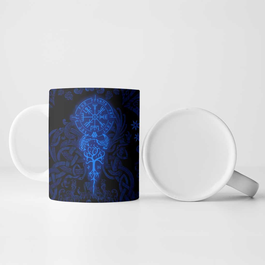 Vikings Skull Ceramic Mug with Horned Helmet, Blue Axes and Runes Norse Warrior Tribute - Wonder Print Shop