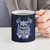 Vikings Skull Ceramic Mug with Horned Helmet, Blue Axes and Runes Norse Warrior Tribute - Wonder Print Shop