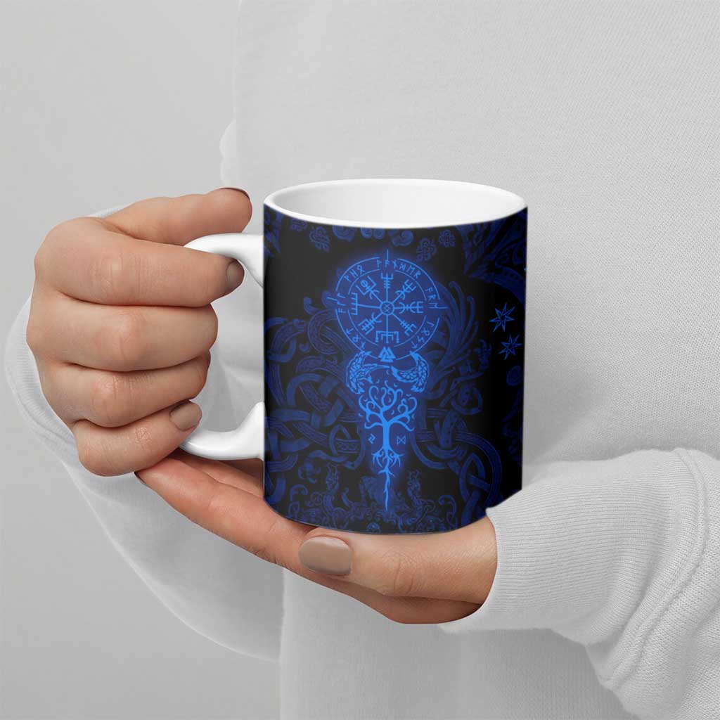 Vikings Skull Ceramic Mug with Horned Helmet, Blue Axes and Runes Norse Warrior Tribute - Wonder Print Shop