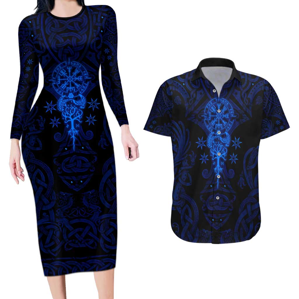 Vikings Skull Couples Matching Long Sleeve Bodycon Dress and Hawaiian Shirt with Horned Helmet, Blue Axes and Runes Norse Warrior Tribute - Wonder Print Shop
