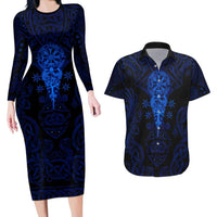 Vikings Skull Couples Matching Long Sleeve Bodycon Dress and Hawaiian Shirt with Horned Helmet, Blue Axes and Runes Norse Warrior Tribute - Wonder Print Shop