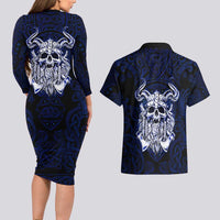 Vikings Skull Couples Matching Long Sleeve Bodycon Dress and Hawaiian Shirt with Horned Helmet, Blue Axes and Runes Norse Warrior Tribute - Wonder Print Shop