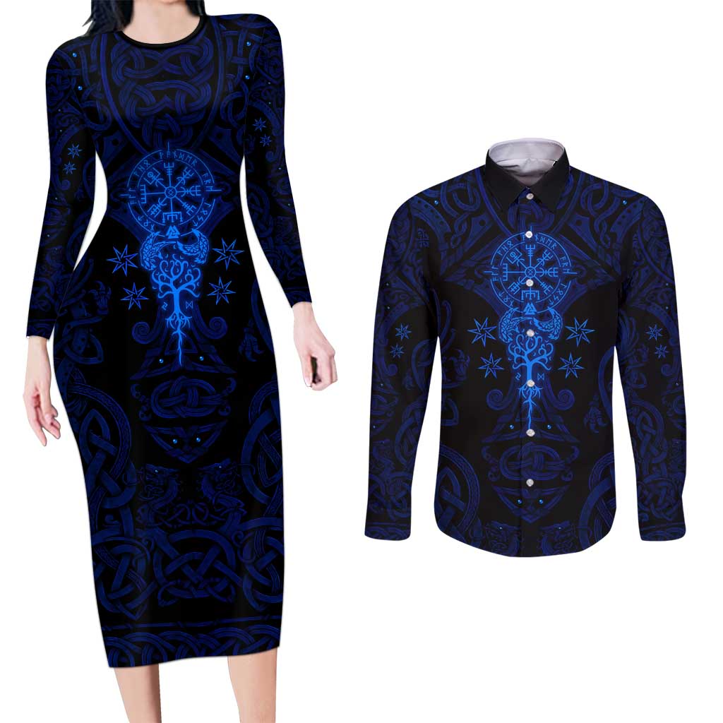 Vikings Skull Couples Matching Long Sleeve Bodycon Dress and Long Sleeve Button Shirt with Horned Helmet, Blue Axes and Runes Norse Warrior Tribute - Wonder Print Shop
