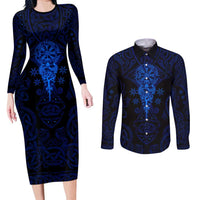 Vikings Skull Couples Matching Long Sleeve Bodycon Dress and Long Sleeve Button Shirt with Horned Helmet, Blue Axes and Runes Norse Warrior Tribute - Wonder Print Shop