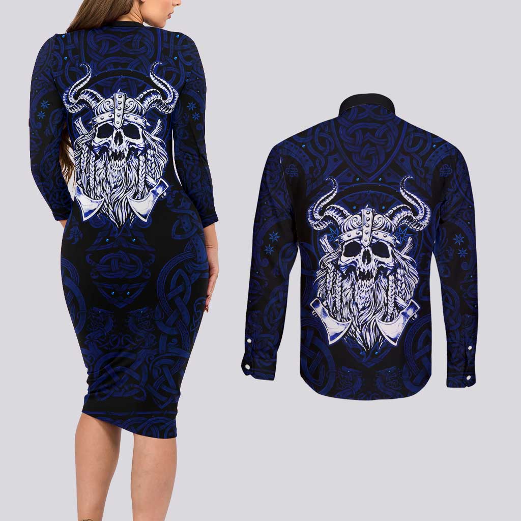 Vikings Skull Couples Matching Long Sleeve Bodycon Dress and Long Sleeve Button Shirt with Horned Helmet, Blue Axes and Runes Norse Warrior Tribute - Wonder Print Shop