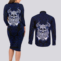 Vikings Skull Couples Matching Long Sleeve Bodycon Dress and Long Sleeve Button Shirt with Horned Helmet, Blue Axes and Runes Norse Warrior Tribute - Wonder Print Shop