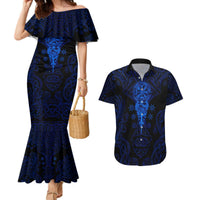 Vikings Skull Couples Matching Mermaid Dress and Hawaiian Shirt with Horned Helmet, Blue Axes and Runes Norse Warrior Tribute - Wonder Print Shop