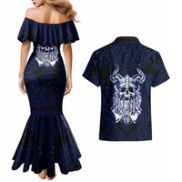 Vikings Skull Couples Matching Mermaid Dress and Hawaiian Shirt with Horned Helmet, Blue Axes and Runes Norse Warrior Tribute - Wonder Print Shop