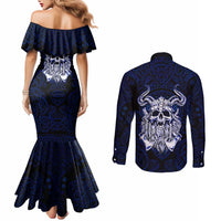 Vikings Skull Couples Matching Mermaid Dress and Long Sleeve Button Shirt with Horned Helmet, Blue Axes and Runes Norse Warrior Tribute - Wonder Print Shop